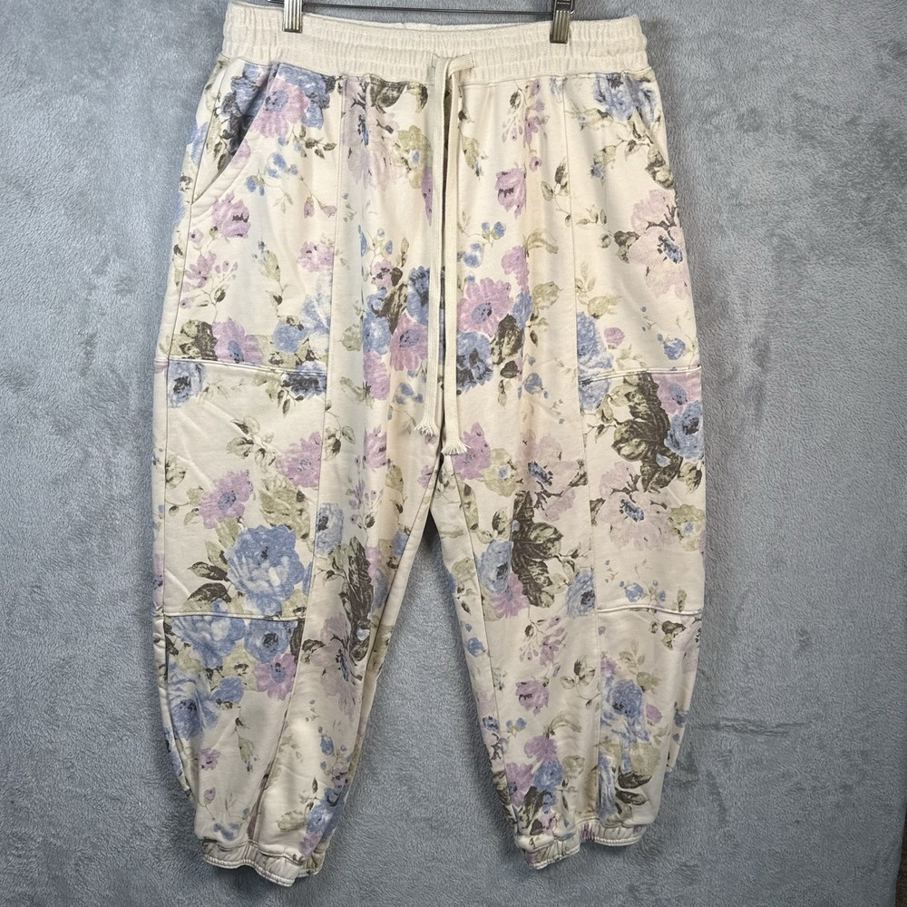 Davi & Dani Floral Jogger Pants Women L Cream Blue Pink Drawstring Boho Casual
